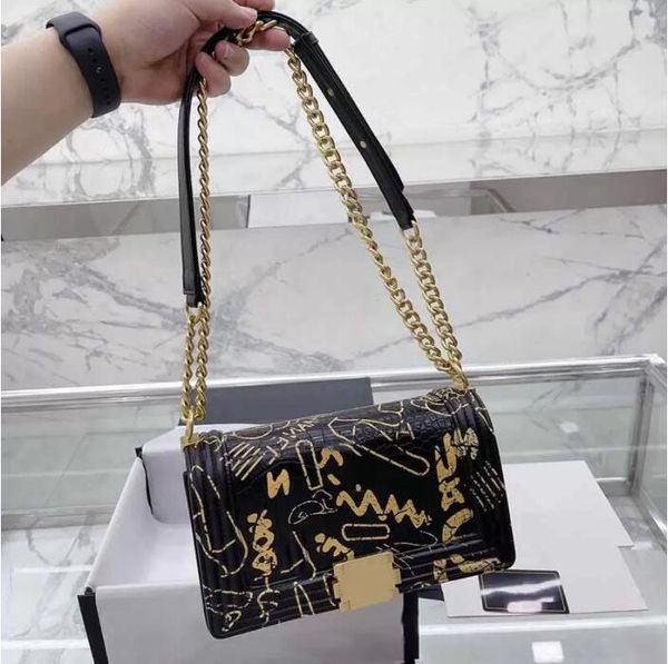 

tz womens multicolor graffiti designer bags vanity black alligator flap boy shoulder bag silver metal chain jumbo cross body hardware handle