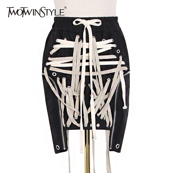 

twotwinstyle lace up bowknot elastic high waist streetwear skirts for women hollow out irregular hem skirt female 210319, Black