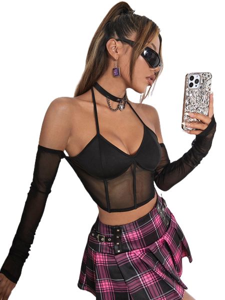 

tie back off shoulder contrast mesh bustier crop l1hv#, White