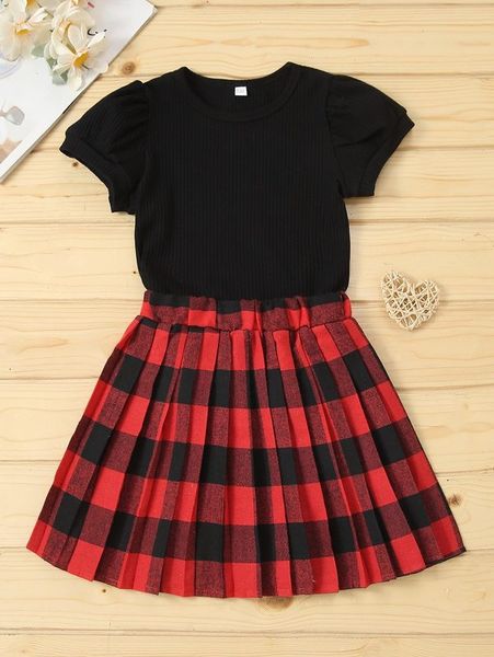 

girls solid rib knit tee & gingham print pleated hem skirt she, White