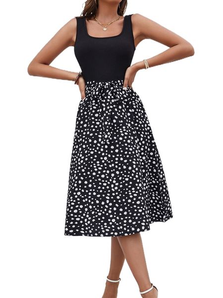 

graphic print belted a-line dress f0n4#, Black;gray