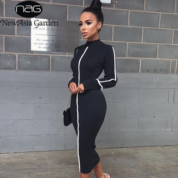 

asia bodycon dres pink long sleeve contrast stripe highnecked casual long dress elegant autumn dress black y200418, Black;gray