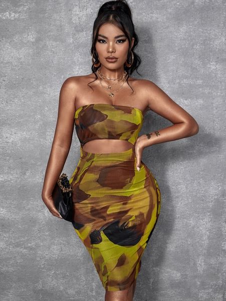 

sxy tie dye cut out tube bodycon dress l24y#, Black;gray