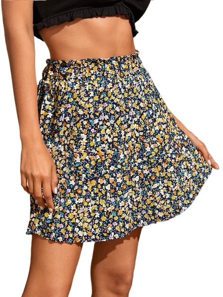 

ditsy floral print paperbag waist pleated skirt 54zc#, Black