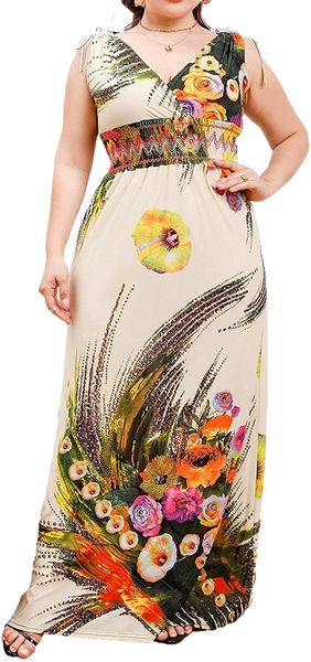 

women's plus size deep v-neck sleeveless high waist printed graffiti party loose wrap maxi dress 1x-5x 41n3#, Black;gray