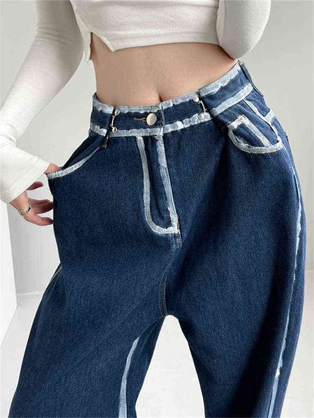 Bel ayarlanabilir boyalı beyaz kenar mavi kot pantolon kadın yaz düz gevşek ince kontrast geniş bacak denim pantolonlar kadın l220726