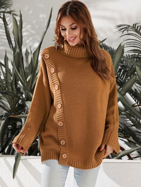 

luukse turtleneck button front drop shoulder sweater s6my#, White;black