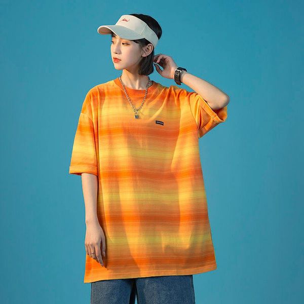 Herren-T-Shirts, Sommer-Herren-T-Shirt mit rundem Kragen, Farbstofffarbe, beiläufige lose T-Shirts, Baumwollkleidung, kurzärmeliges orangefarbenes/blaues T-Shirt S-XLMen'