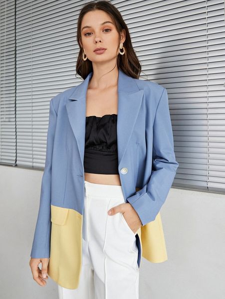 

color block flap detail lapel neck blazer 338f#, White
