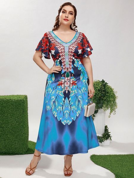 

plus floral print butterfly sleeve dress m5ef#, Black