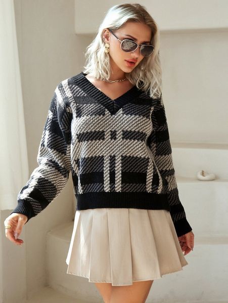 

knit mix drop shoulder plaid pattern sweater o7ga#, White;black