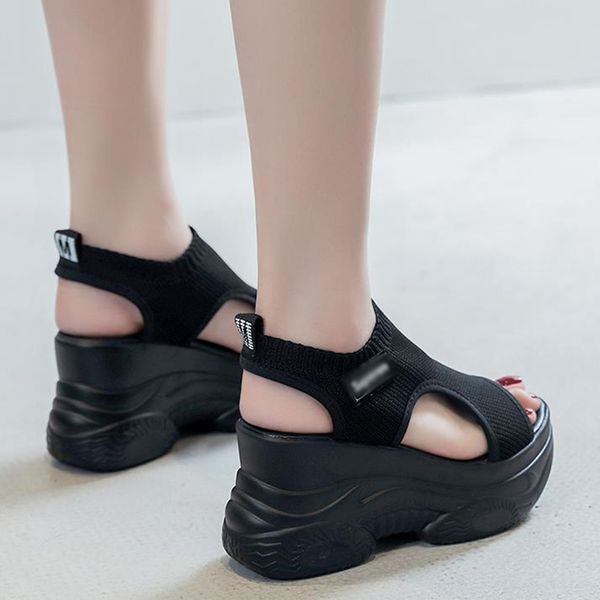 

black stretch fabric platform heighten shoes9cm fashion hollow out peep toe wedges gladiator sandals retro casual #sjpae-313