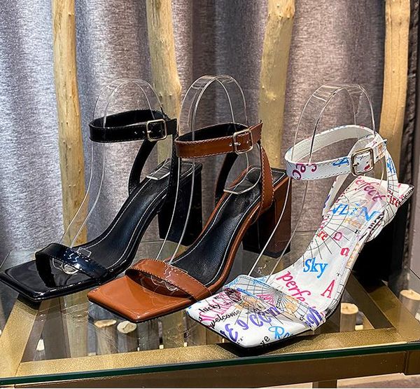 

square head square root new women's high-heeled sandals summer hollow thong women's beach simple color leather women's chunky, Black