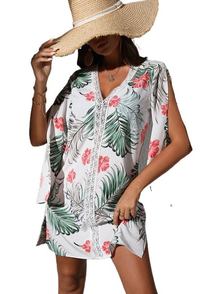 

floral contrast lace split cover up 19xa#, White;black