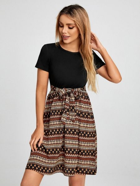 

floral & geo print belted a-line dress 056y#, Black;gray