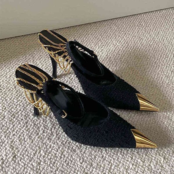 

high heels 2022 early spring black metal pointed thin heel shoes hollow sandals women