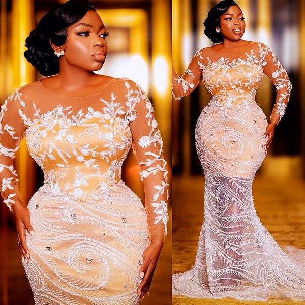 

2022 plus size arabic aso ebi luxurious lace beaded wedding dress sheer neck vintage bridal gowns dresses zj904, White