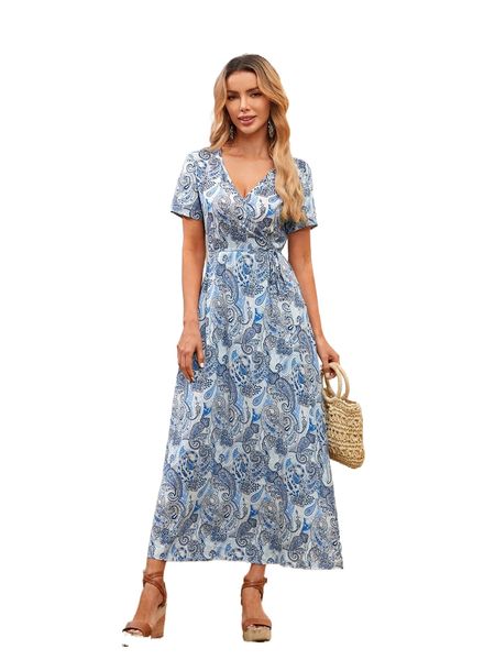 

emery rose paisley print overlap collar belted dress 86fz#, Black;gray