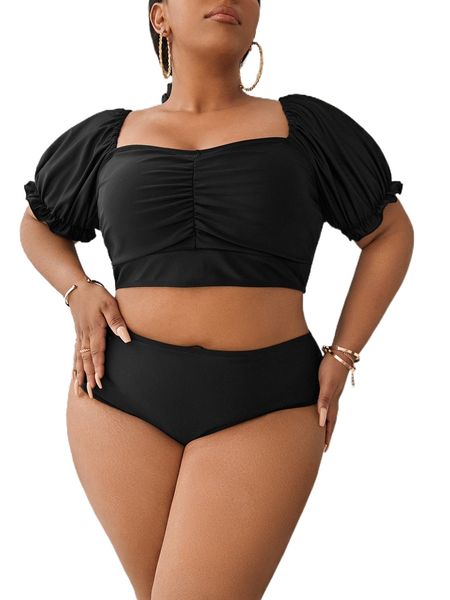 

plus ruched puff sleeve high waist bikini swimsuit f6zy#, White;black
