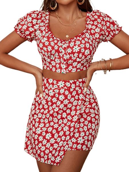 

allover floral print frill trim puff sleeve crop & wrap hem skirt a7vd#, White
