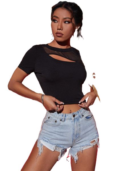 

contrast mesh cut out t-shirt 07iw#, White