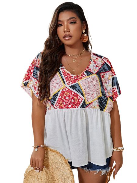 

plus scarf print batwing sleeve 916o#, Black