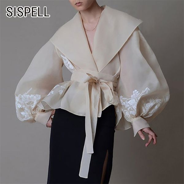 

sispell lantern sleeve for female blouse shirts lapel collar lace up bowknot high waist slim embroidery women's vintage shirt 210226, Black;gray