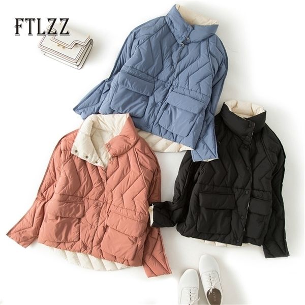 

women doublesided wear ultra light short jacket winter warm outerwear female single breasted white down coat parka y201026, Black