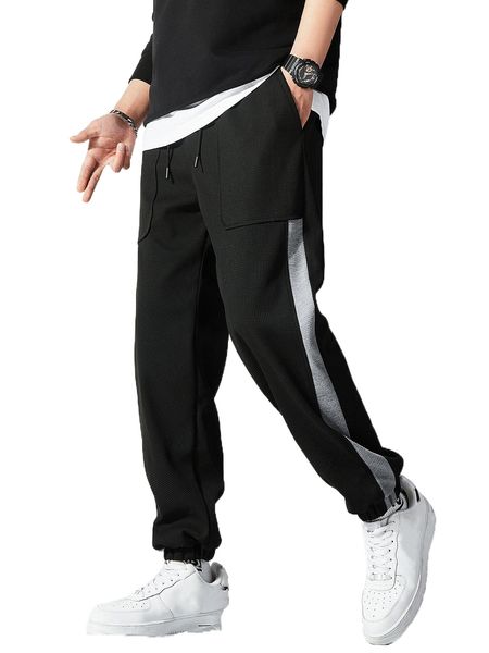 

men contrast side seam drawstring waist sweatpants 33up#, Black