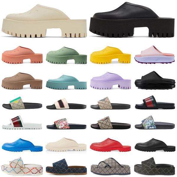

luxury designer slide sandals womens platform perforated sandal slip-on slippers flowers printing denim fabic embossed leather summer beach, Black