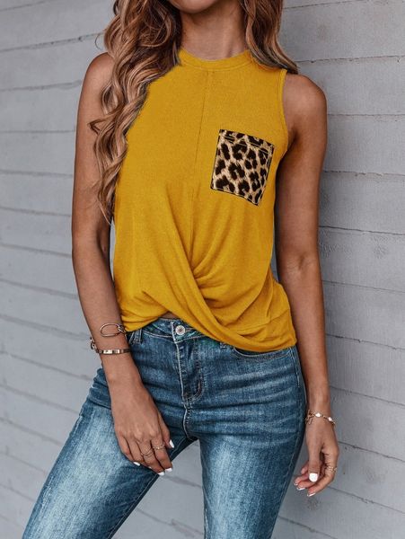 

leopard print pocket patched twist hem tank l19l#, White