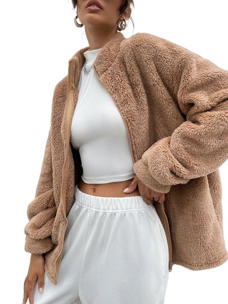 

zip up drop shoulder flannel coat t2hc#, Black