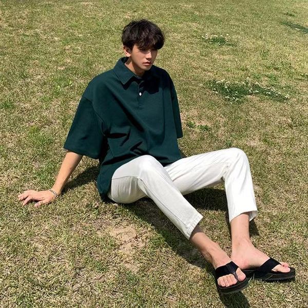 

men's t-shirts 2022 korean style men's lapel collar short sleeve t-shirt loose fashion trend t shirt solid color clothes tshirts, White;black