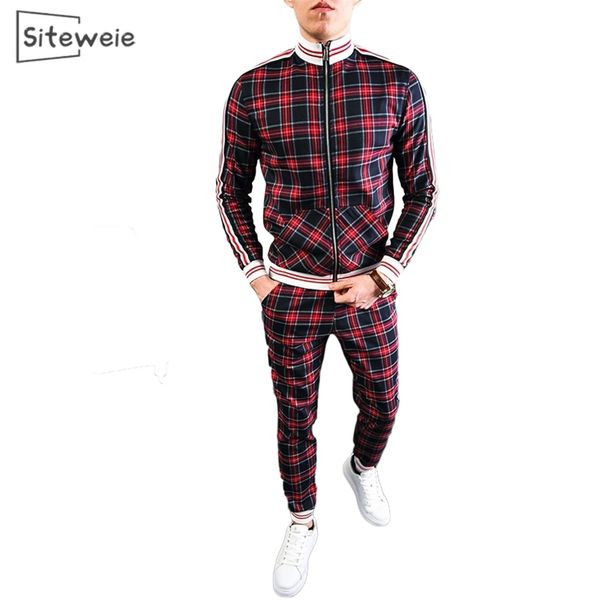 

siteweie men s two piece striped plaid zipper jacket fashion small leg trouser suits slim classic sportswear lj201117, Gray