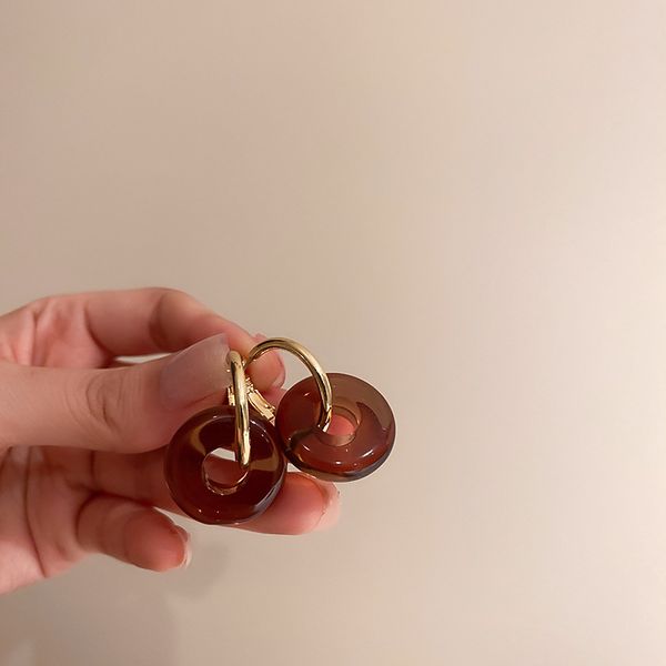

925 silver needle resin earrings geometric circle button simple stud earrings caramel color french style retro elegant eardrop for women, Golden