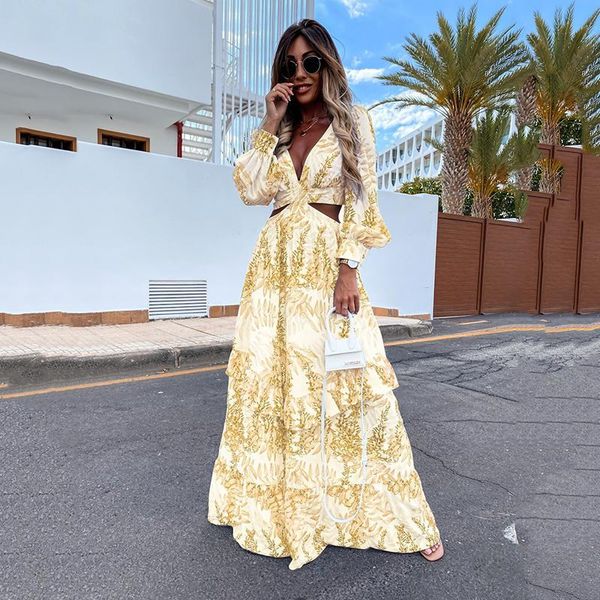 

casual dresses vintage printed summer beach long dress hollow out boho deep v neck women 2022 plus size party, Black;gray