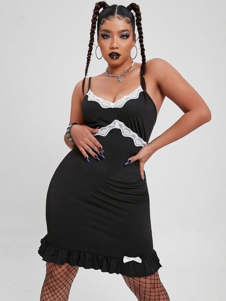 

plus contrast lace bow decor ruffle hem cami dress i2zg#, Black