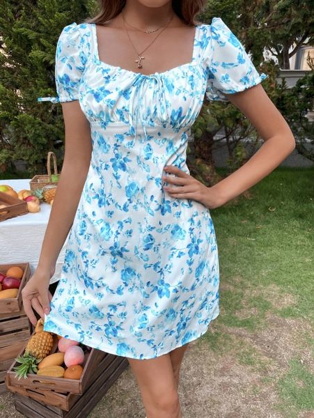 

floral backless ruched bust dress y4t2#, Black;gray