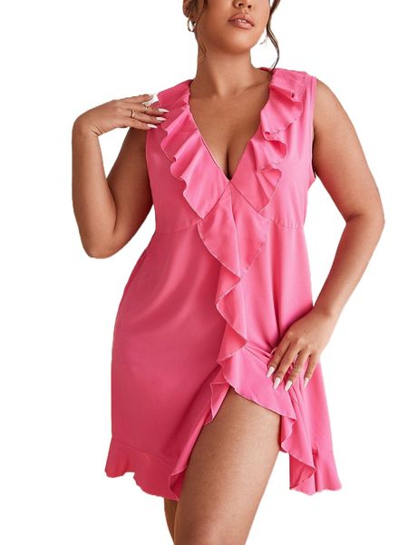 

plus solid ruffle trim night dress 349g#, Black;white