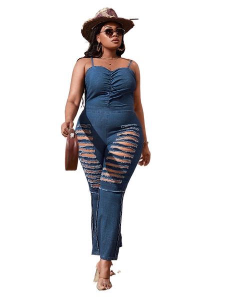 

plus ladder distressed ruched boot-cut leg cami denim overalls h8wy#, Black;white
