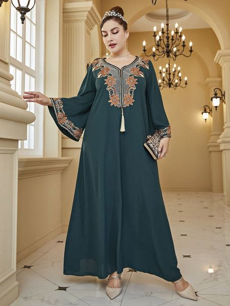 

plus floral embroidery single tassel trumpet sleeve dress 73jx#, Black