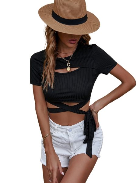 

cut out crisscross knot side crop tee g15u#, White