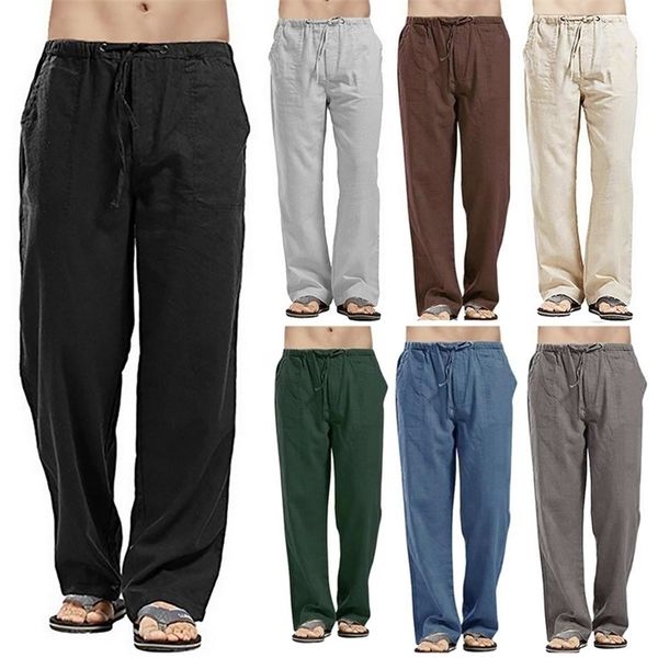 

mens linen trousers elastic waists loose pants fahion casual basic breathable sweatabsorbent trousers 220713, Black