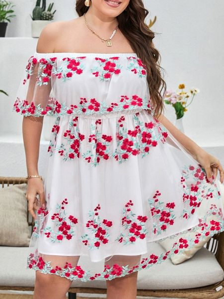 

plus off shoulder floral embroidery mesh dress g22x#, Black