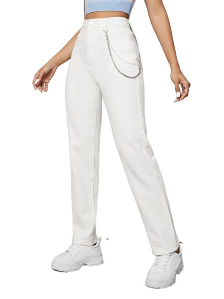 

solid chain detail straight leg pants g8ne#, Black;white