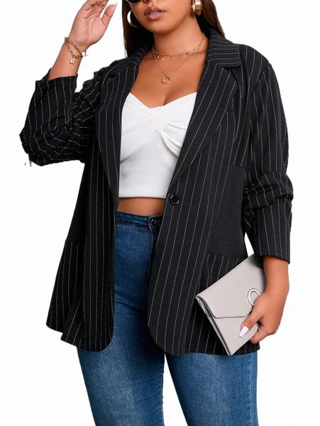 

plus pinstriped print single button blazer l3n5#, Black