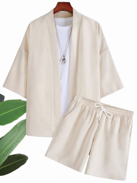 

men drop shoulder kimono & drawstring waist shorts without tee n2fp#, Gray