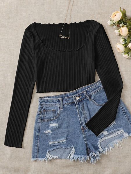 

scoop neck lettuce trim rib-knit tee 102y#, White