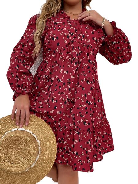 

plus allover print ruffle trim smock dress u7rx#, Black