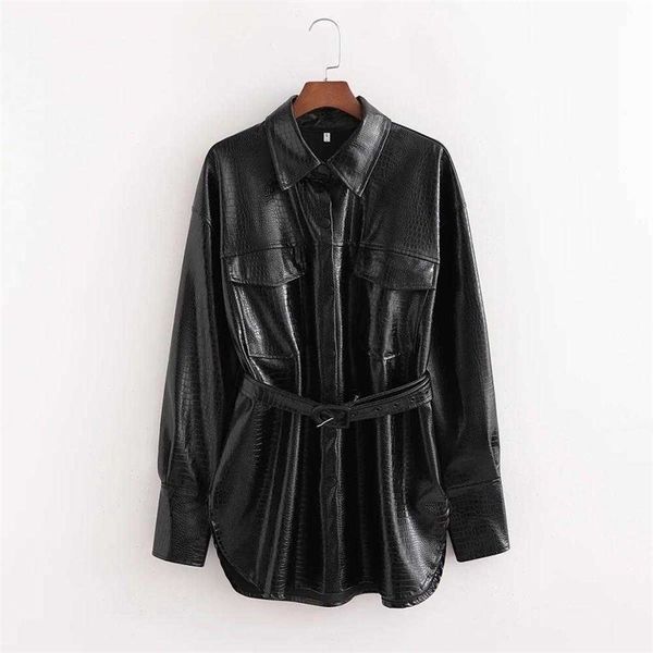 

fall winter women long jackets faux leather belted long sleeves woman coat overshirt casual fashion women clothes 210709, Black